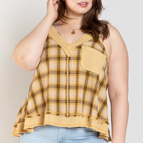 NWT POL Raylee Yellow Plaid Flannel Swing Tank Top - Picture 1 of 6